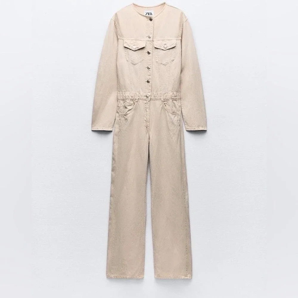 Zara Jumpsuit Women XL Beige Linen Blend Boiler Suit Utility Safari‎ Vacation